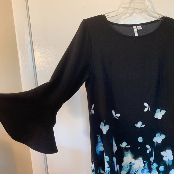 Black & Blue Floral 3/4 Bell Sleeve Dress by Elle Sz S - Picture 5 of 7